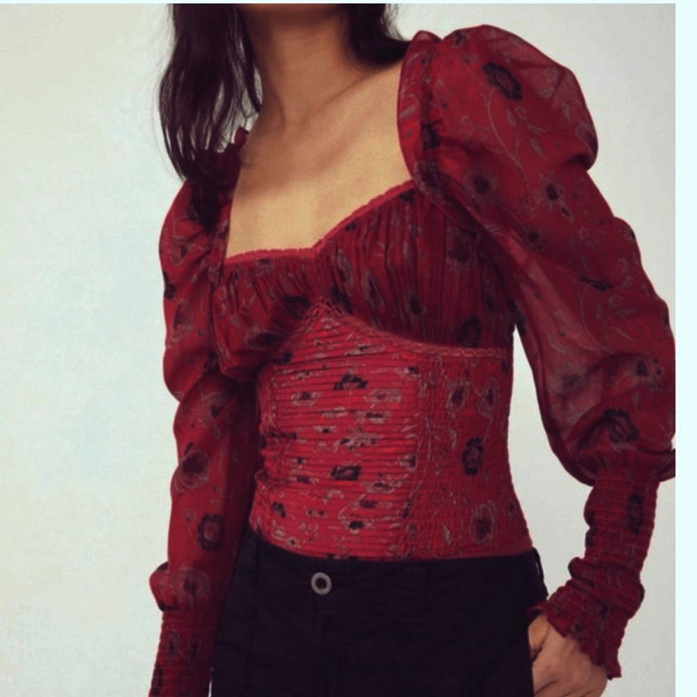 FREE PEOPLE BRUNCH DATE FLORAL PUFF SLEEVE BODYSUIT MERLOT XS - Picture 2 of 7